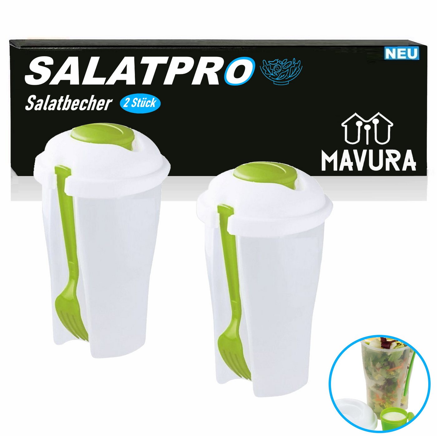 MAVURA Salatbox SALATPRO Salatcup Salat Gemüse Obst Joghurt Müsli Shaker, Salat-To-Go Cup Salatbecher Deckel & Dressing Behälter Gabel [2er] von MAVURA