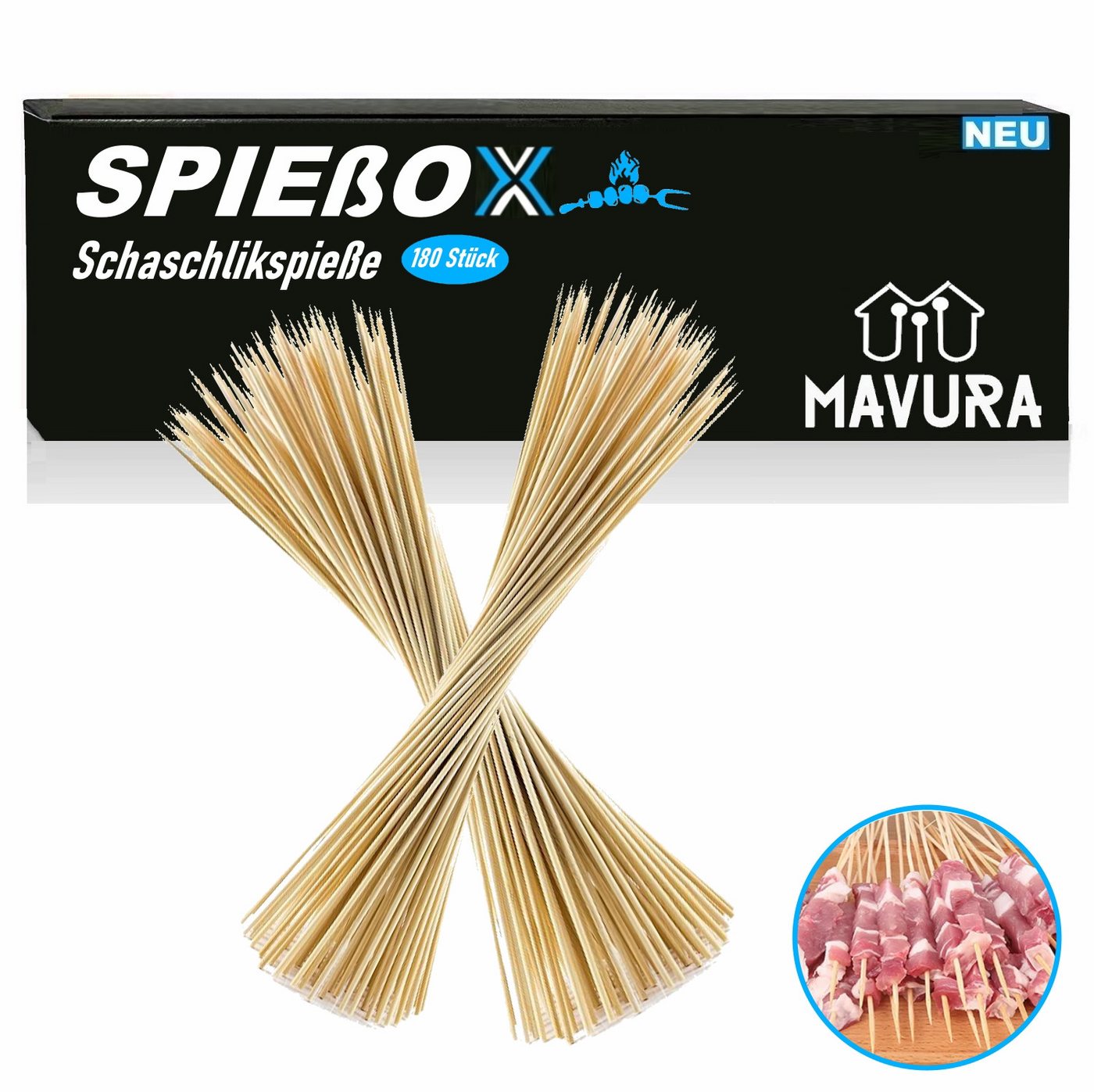 MAVURA Schaschlikspieße SPIEßOX Bambusspieße Grillspieße Holz Grill Spieße BBQ, Schaschlikspieße Fleischspieße Holzspieße [180 Stück] von MAVURA