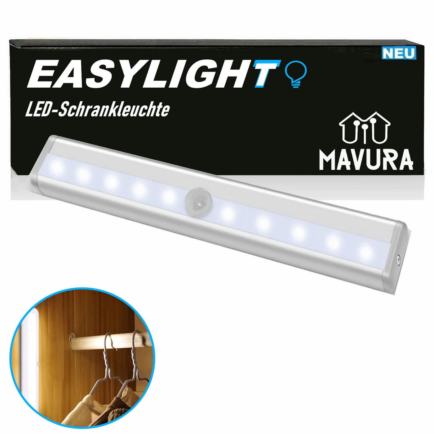 MAVURA Schrankleuchte EASYLIGHT LED Unterbauleuchte Schranklampe Nachtlicht, LED fest integriert, Tageslichtweiß, Sensor Lampe Schranklicht Treppenleuchte magnetisch, Bewegungsmelder von MAVURA