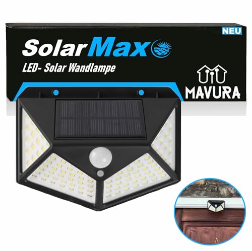 MAVURA SolarMAX LED Solar Wandlampe mit Bewegungsmelder Solarlampe, Gartenleuchte Zaunleuchte Wandleuchte für Außen 270° 308 LED von MAVURA