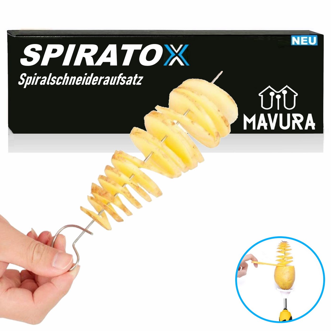 MAVURA Spiralschneideraufsatz SPIRATOX Kartoffelspirale Spiralkartoffel Edelstahl Kartoffel, Twister Gemüse Obst Spiralschneider Kartoffelschneider Tornado Chips von MAVURA