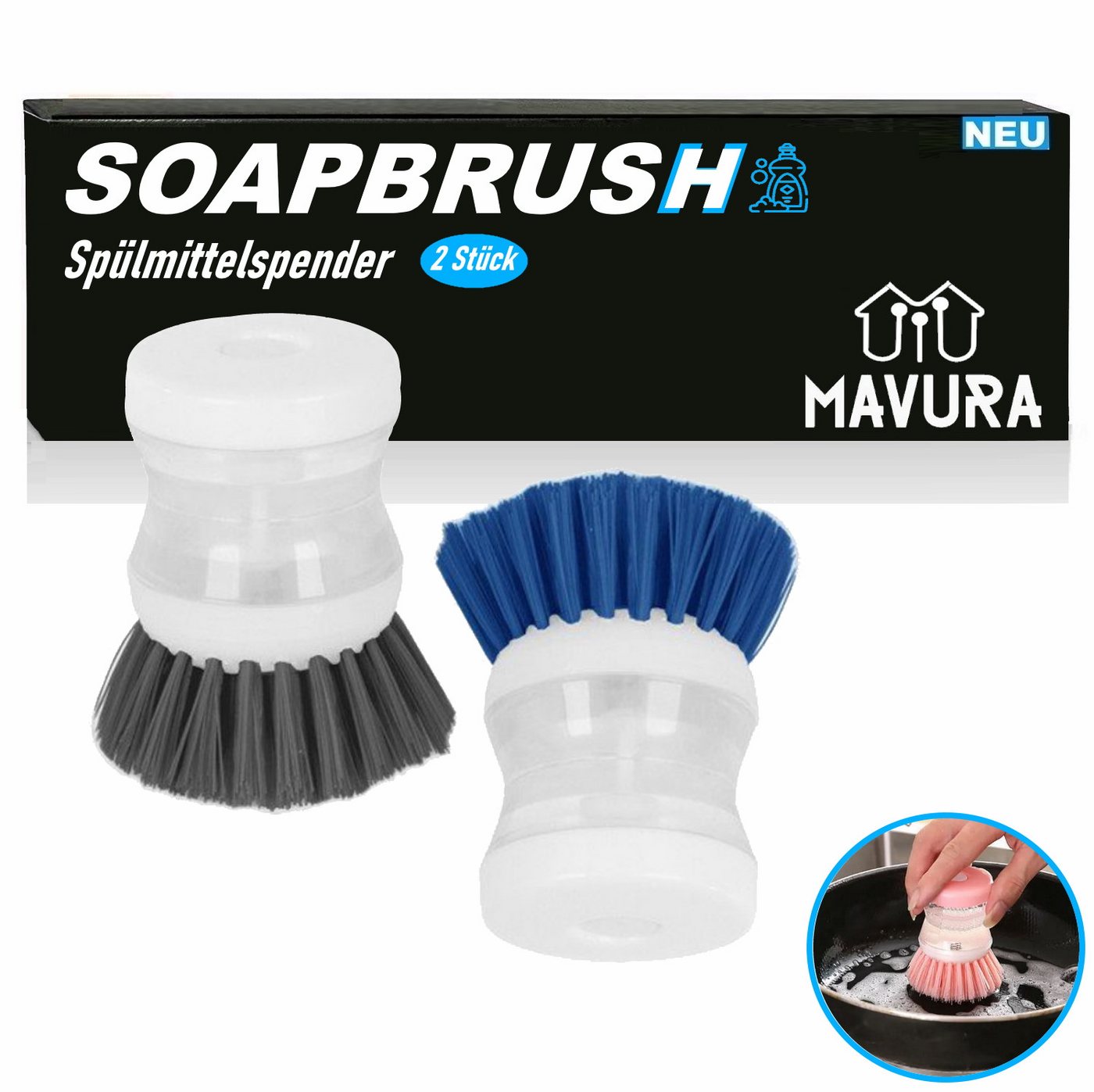 MAVURA Spülmittelspender SOAPBRUSH Spülbürste Spülmittelbehälter Geschirrbürste Abwaschbürste, Abwasch Bürste Spülschwamm Topfbürste [2er Set] von MAVURA