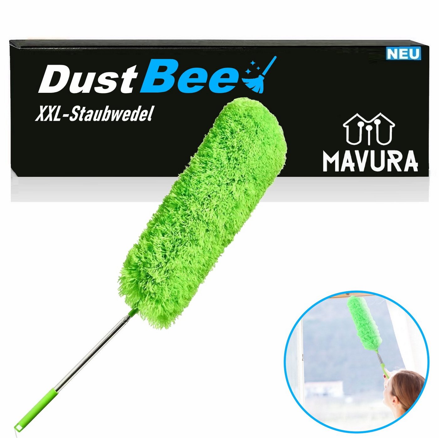 MAVURA Staubwedel DUSTBEE XXL Teleskop Staubwedel Staubfänger Staubwischer (Staubmagnet Staubbiene), Mikrofaser Staub Wischer waschbar 252cm lang ausziehbar von MAVURA