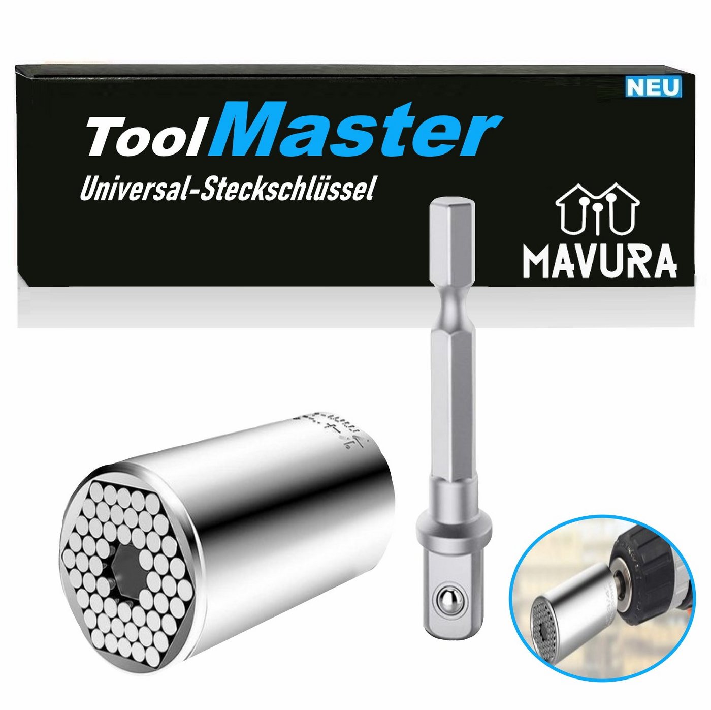 MAVURA Steckschlüssel ToolMaster Universal Multifunktions Nuss Multi Tool Steckschlüssel, Universalschlüssel Universalnuss Handwerkzeug 7-19mm + Adapter von MAVURA