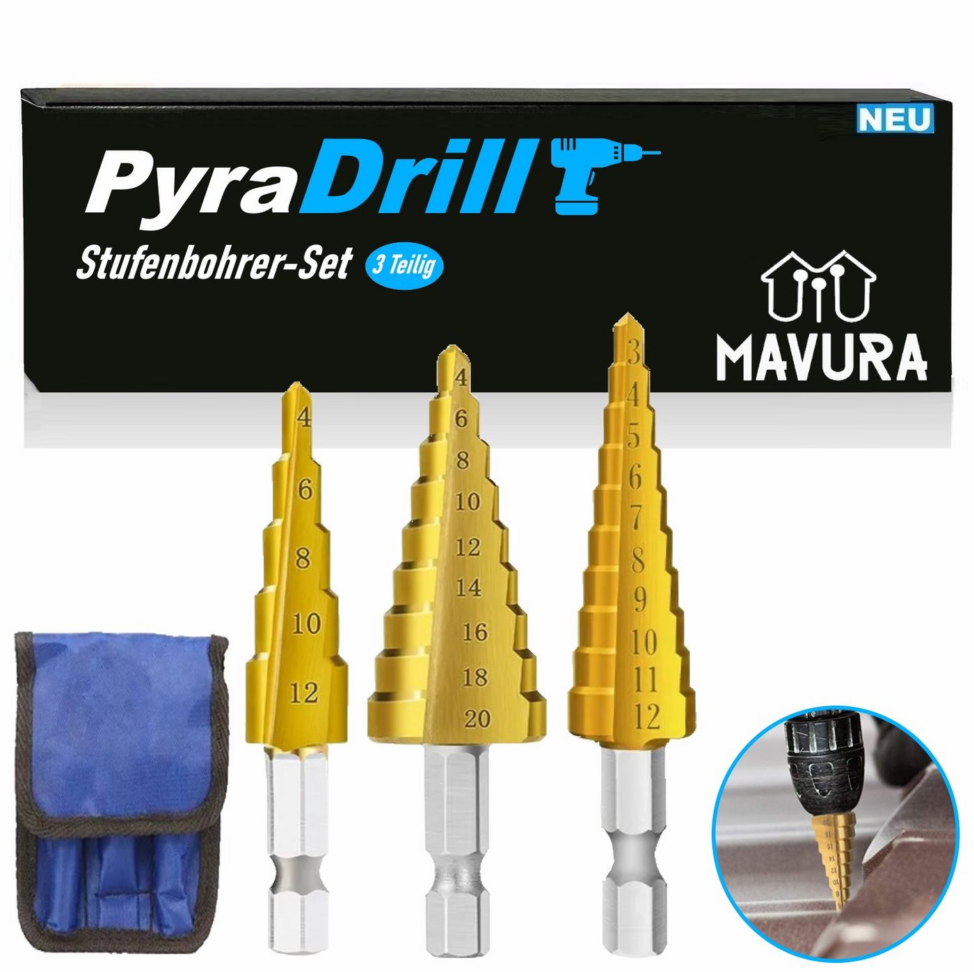 MAVURA Stufenbohrer PyraDrill HSS Edelstahl Schälbohrer Kegelbohrer Konusbohrer, Metallbohrer Kegelsenker Metallfräser Fräsbohrer Set 3er von MAVURA