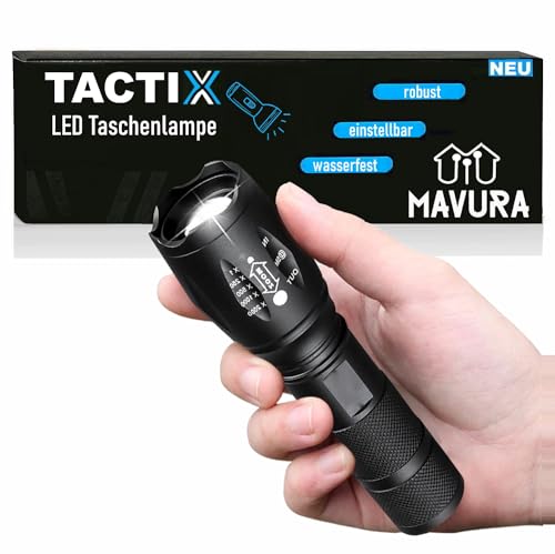 MAVURA TACTIX LED taktische Taschenlampe schwarz Zoomfunktion, Polizei Taschen Lampe Security 40x Heller Taschenlampen von MAVURA