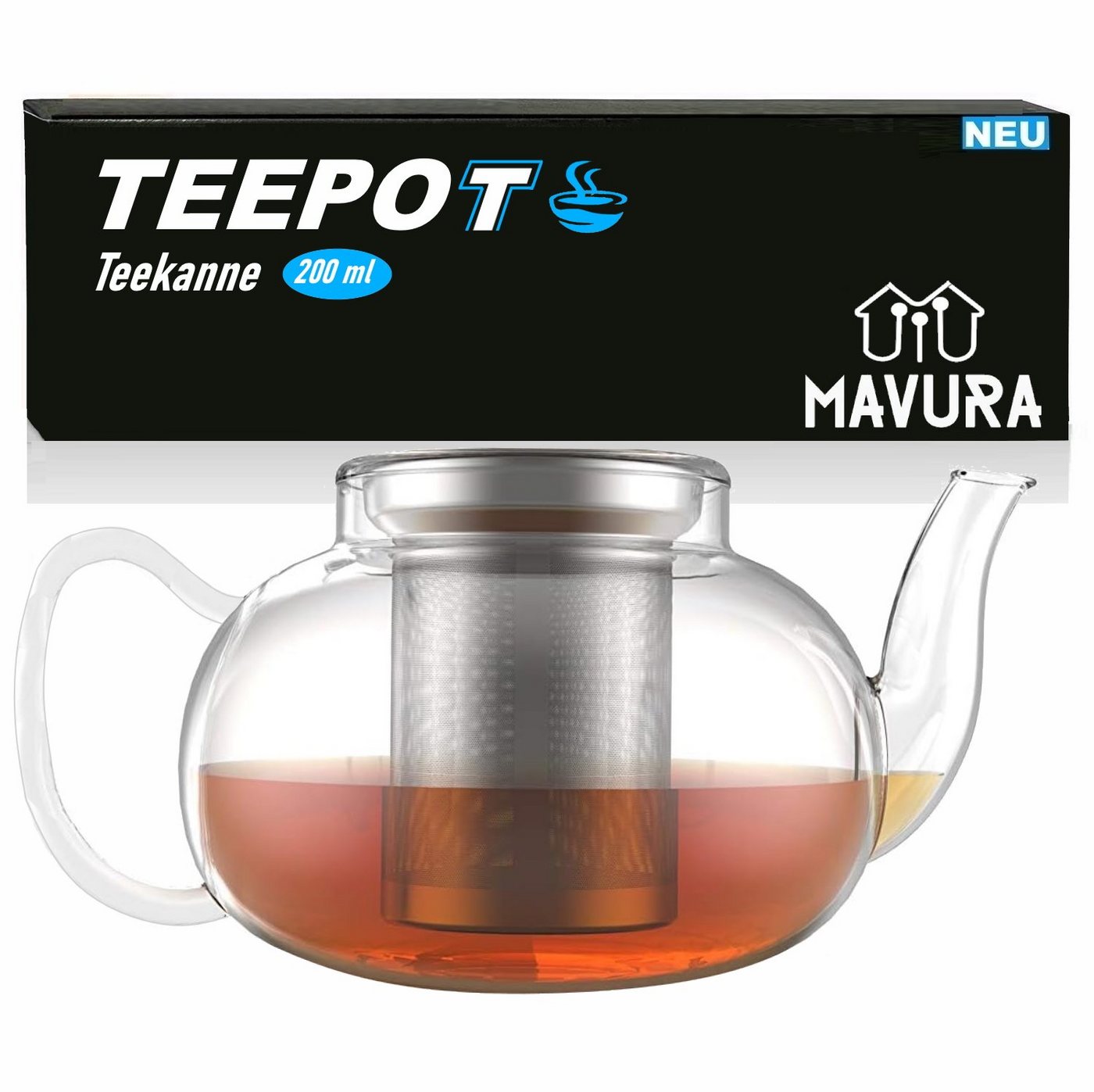MAVURA Teekanne TEEPOT Tee Kanne mit Siebeinsatz Glaskanne Glasteekanne, mit Teesieb Teebereiter Borosilitglas hitzebeständig 200ml von MAVURA