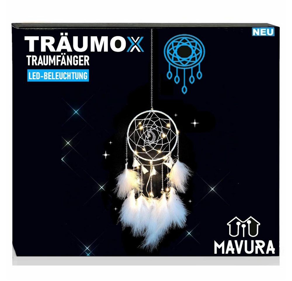 MAVURA Traumfänger TRÄUMOX Traumfänger LED Perlenfeder Dreamcatcher, beleuchtet Dekoration mit weißen Federn von MAVURA