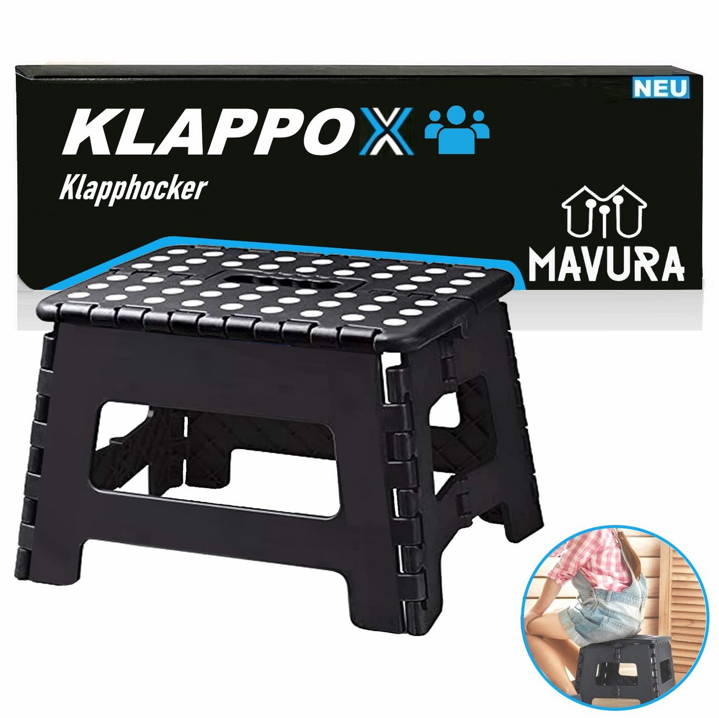 MAVURA Tritthocker KLAPPOX Klapphocker Trittstufe Hocker Faltstufe (Faltbarer Klappsitz Klappstuhl Klapptritt Campinghocker Campingstuhl faltbar) von MAVURA