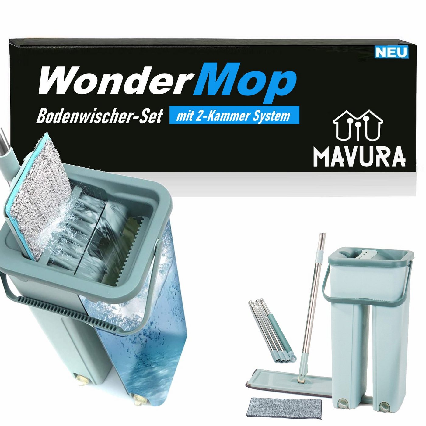 MAVURA Wischmopp WonderMop Profi Bodenwischer Set - Wischmop mit Eimer, Mikrofaser-Mopp, und 2-Kammer Auswringfunktion, - Effektive Reinigung von Böden und Oberflächen von MAVURA