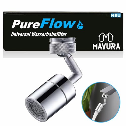 PureFlow Universal Wasserhahn Spritzfilter drehbarer Schwenkbrause, Zubehör für Düsenspritze Luftsprudler Aufsatz, Filter Wasserhahnaufsatz schwenkbar 720° Brause von MAVURA