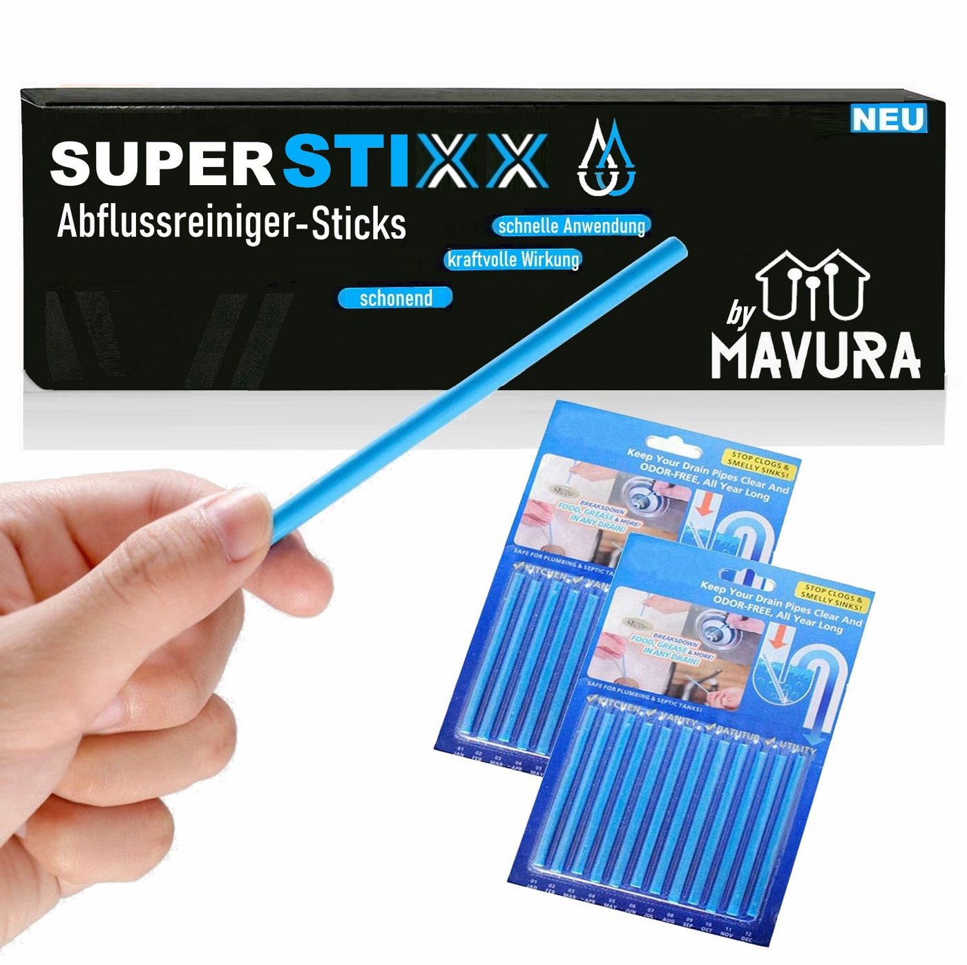 MAVURA SUPERSTIXX ABFLUSSREINIGER ROHRREINIGER ROHRFREI Sanitärreiniger (ANTI GERUCH SANI STICKS [2er SET/24STK], [- ANTI GERUCH STICKS [2er SET/24STK) von MAVURA