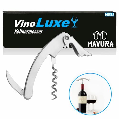 VinoLuxe Premium Edelstahl Kellnermesser Korken Zieher Flaschenöffner, (Weinöffner Kapselschneider), Weinflaschenöffner Kellnerbesteck Sommeliermesser von MAVURA