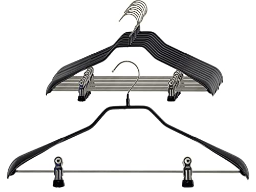 MAWA Universalbügel, 10 Stück, Universalbügel mit Klammernsteg für T-Shirts, Hosen, Röcke und Tops, drehbarer Euro-Haken, hochwertige Antirutsch-Beschichtung, 42 cm, Schwarz von MAWA