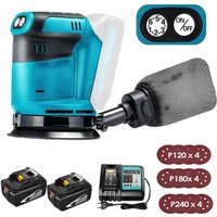 125-mm-Akku-Elektro-Exzenterschleifer, bürstenlos, 6 Geschwindigkeiten, schnell anzubringender Staubbeutel und 12 Scheiben, mit 2 x 5,5-A-Akkus und von MAWIRON