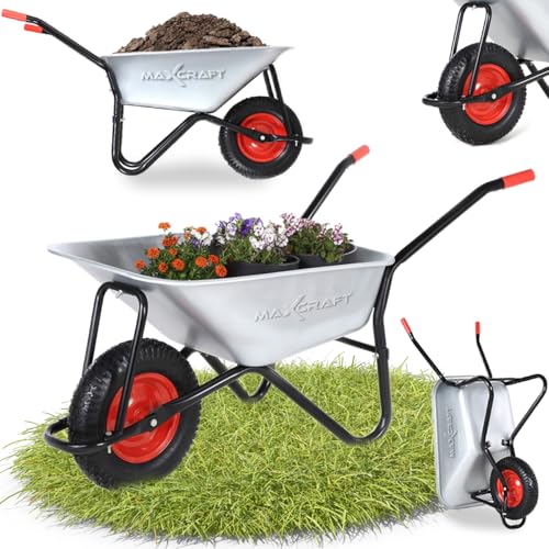 MAXCRAFT Schubkarre 250 kg 100 L Bauschubkarre Gartenschubkarre Transportkarre Schiebkarre mit Luftbereifung - Silber/Schwarz von MAXCRAFT