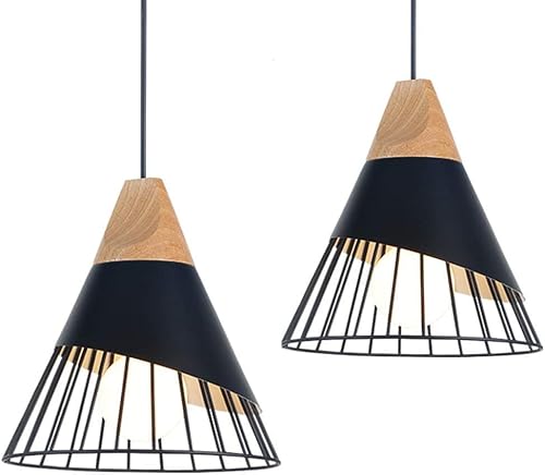 MAXDUYU 2 Stück Schwarz Vintage Pendelleuchte Moderne Holz Metall Industrielle Deckenleuchten Pendelleuchtenschirme E27 Innenleuchten für Esszimmer Küche von MAXDUYU