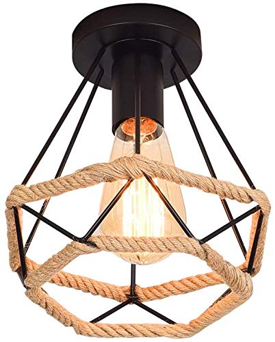 MAXDUYU E27 Industrial Vintage Style Semi Flush Mount Deckenleuchte Metall Hängeleuchte Pendelleuchte mit Hanfseil für Korridor Wohnzimmer Esszimmer Küche von MAXDUYU