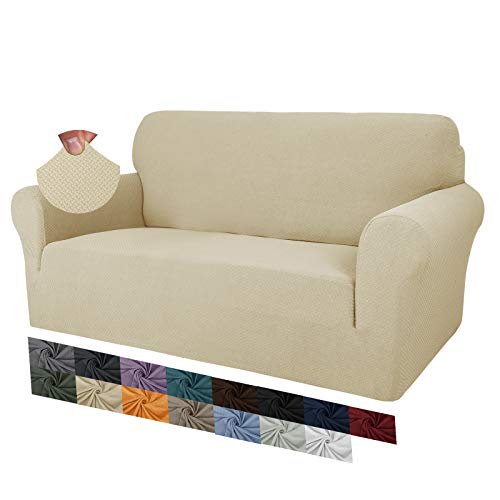 MAXIJIN Creative Jacquard Couchbezüge für 2-Sitzer, Super Stretch rutschfeste Liebessitz Sofabezug für Hunde Haustierfreundliche elastische Protector Loveseat Schonbezüge (2 Sitzer, Hell Beige) von MAXIJIN