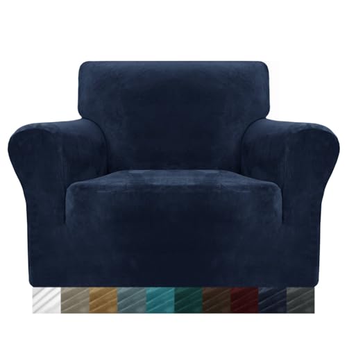 MAXIJIN Dicke Samt Stuhlhussen für Sessel Stretch rutschfeste Sofabezug 1-Sitzer Hunde Katze Haustier Wohnzimmer 1-teiliger Sofa Protector Stuhl Schonbezug (1 Sitzer, Navy Blau) von MAXIJIN