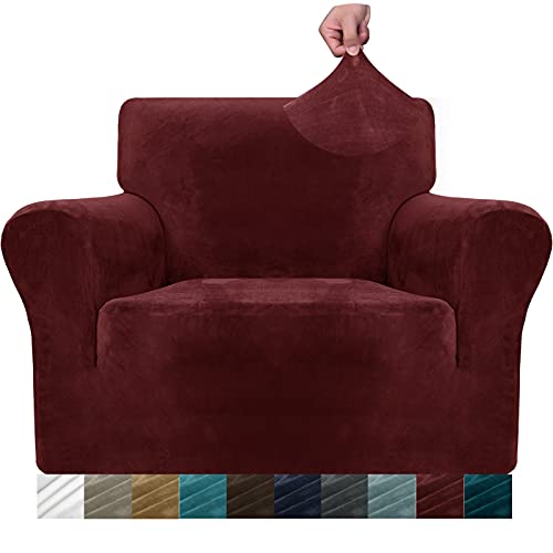 MAXIJIN Dicke Samt Stuhlhussen für Sessel Stretch rutschfeste Sofabezug 1-Sitzer Hunde Katze Haustier Wohnzimmer 1-teiliger Sofa Protector Stuhl Schonbezug (1 Sitzer, Weinrot) von MAXIJIN
