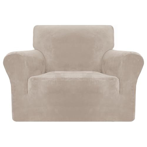 MAXIJIN Dicke Samt Stuhlhussen für Sessel Super Stretch rutschfeste Sofabezug 1-Sitzer Hunde Katze Haustier Wohnzimmer 1-teiliger elastischer Couch Protector Stuhl Schonbezug (1 Sitzer, Khaki) von MAXIJIN