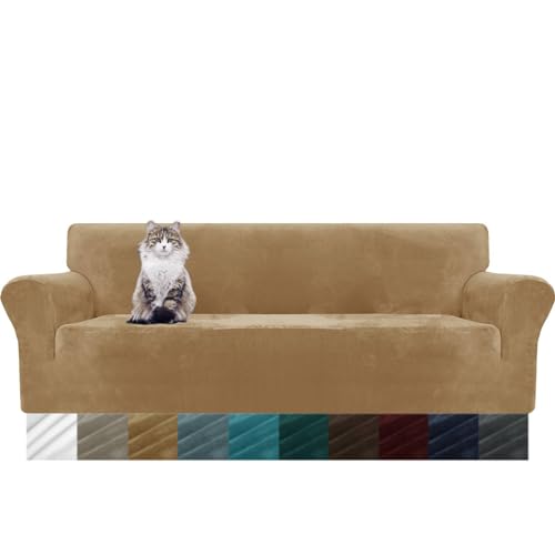 MAXIJIN Dicker Samt Extra große Sofabezüge 4-Sitzer Super Stretch Rutschfester übergroßer Sofabezug für Hunde Cat Pet 1-teiliger XL-Sofabezug elastischer Möbelschutz (4 Sitzer, Kamel) von MAXIJIN