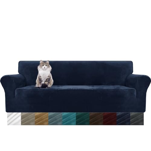 MAXIJIN Dicker Samt Extra große Sofabezüge 4-Sitzer Super Stretch Rutschfester übergroßer Sofabezug für Hunde Cat Pet 1-teiliger XL-Sofabezug elastischer Möbelschutz (4 Sitzer, Navy Blau) von MAXIJIN