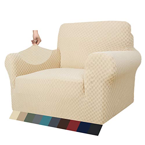 MAXIJIN Jacquard Sessel Wohnzimmer Sesselbezug Stretch für Wohnzimmer rutschfest Stuhlbezug Sofabezug 1 Sitzer für Hunde Haustiere mit Anti-Rutsch-Schäume (1 Sitzer, Hell Beige) von MAXIJIN