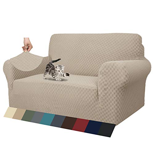 MAXIJIN Jacquard Sofabezug 2 Sitzer Couchbezug Stretch Sofahusse für Wohnzimmer Sofa-bezug für Hunde Haustiere Schonbezug Sofa mit Anti-Rutsch-Schäume (2 Sitzer, Khaki) von MAXIJIN