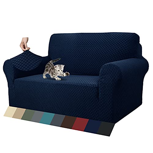 MAXIJIN Jacquard Sofabezug 2 Sitzer Couchbezug Stretch Sofahusse für Wohnzimmer Sofa-bezug für Hunde Haustiere Schonbezug Sofa mit Anti-Rutsch-Schäume (2 Sitzer, Navy Blau) von MAXIJIN