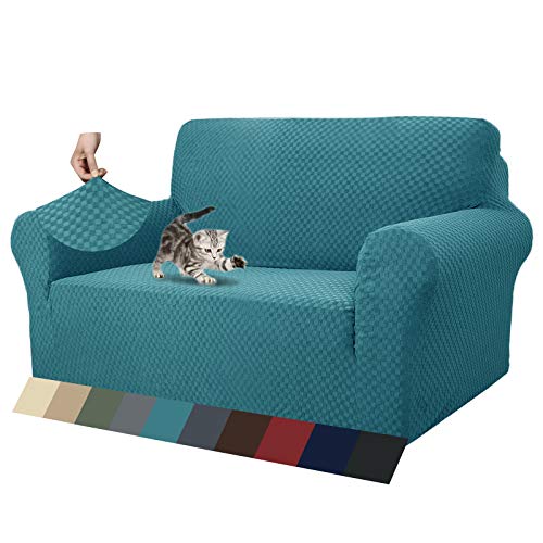 MAXIJIN Jacquard Sofabezug 2 Sitzer Couchbezug Stretch Sofahusse für Wohnzimmer Sofa-bezug für Hunde Haustiere Schonbezug Sofa mit Anti-Rutsch-Schäume (2 Sitzer, Pfauenblau) von MAXIJIN