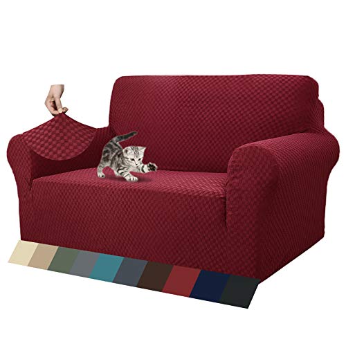 MAXIJIN Jacquard Sofabezug 2 Sitzer Couchbezug Stretch Sofahusse für Wohnzimmer Sofa-bezug für Hunde Haustiere Schonbezug Sofa mit Anti-Rutsch-Schäume (2 Sitzer, Weinrot) von MAXIJIN