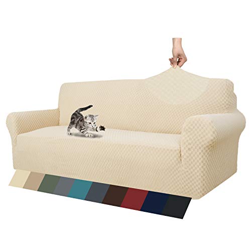 MAXIJIN Jacquard Sofabezug 3 Sitzer 1 Stück Couch Bezug rutschfest Schonbezug Sofa für Wohnzimmer Stretch-bezüge für Hunde Haustiere mit Anti-Rutsch-Schäume (3 Sitzer, Hell Beige) von MAXIJIN