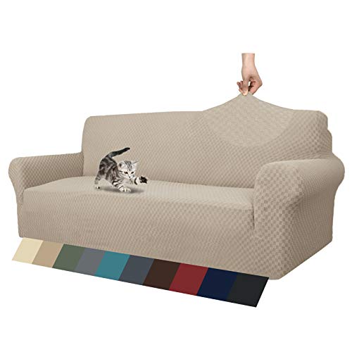 MAXIJIN Jacquard Sofabezug 3 Sitzer 1 Stück Couch Bezug rutschfest Schonbezug Sofa für Wohnzimmer Stretch-bezüge für Hunde Haustiere mit Anti-Rutsch-Schäume (3 Sitzer, Khaki) von MAXIJIN