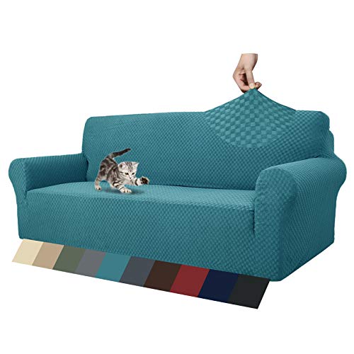 MAXIJIN Jacquard Sofabezug 3 Sitzer 1 Stück Couch Bezug rutschfest Schonbezug Sofa für Wohnzimmer Stretch-bezüge für Hunde Haustiere mit Anti-Rutsch-Schäume (3 Sitzer, Pfauenblau) von MAXIJIN