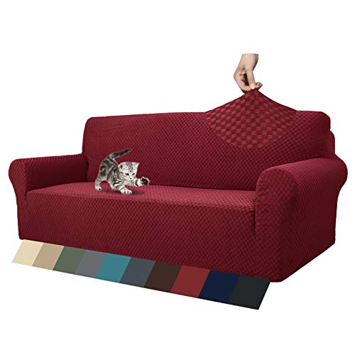 MAXIJIN Jacquard Sofabezug 3 Sitzer 1 Stück Couch Bezug rutschfest Schonbezug Sofa für Wohnzimmer Stretch-bezüge für Hunde Haustiere mit Anti-Rutsch-Schäume (3 Sitzer, Weinrot) von MAXIJIN