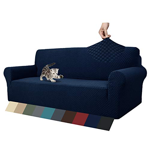 MAXIJIN Jacquard Sofabezug 4 Sitzer Couch bezug rutschfest Schonbezug Sofa für Wohnzimmer Stretch-bezüge für Hunde Haustiere mit Anti-Rutsch-Schäume (4 Sitzer, Navy Blau) von MAXIJIN