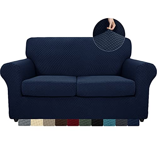 MAXIJIN Sofabezug 2 Sitzer Couchbezug Stretch mit Separatem 2 Kissenbezügen Schonbezug Wohnzimmer Sofa Sofahusse mit Elastische Bänder und Schaumstoffstäbe (2 Sitzer, Navy Blau) von MAXIJIN