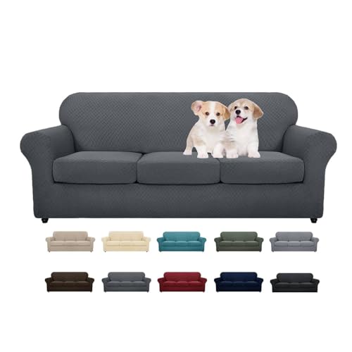 MAXIJIN Stretch Sofabezug 3 Sitzer Thick Couchbezug mit Separatem 3 Kissenbezügen Schonbezug Sofa für Wohnzimmer mit Elastische Bänder und Schaumstoffstäbe (3 Sitzer, Dunkelgrau) von MAXIJIN