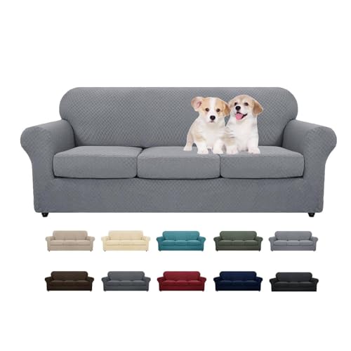 MAXIJIN Stretch Sofabezug 3 Sitzer Thick Couchbezug mit Separatem 3 Kissenbezügen Schonbezug Sofa für Wohnzimmer mit Elastische Bänder und Schaumstoffstäbe (3 Sitzer, Hellgrau) von MAXIJIN