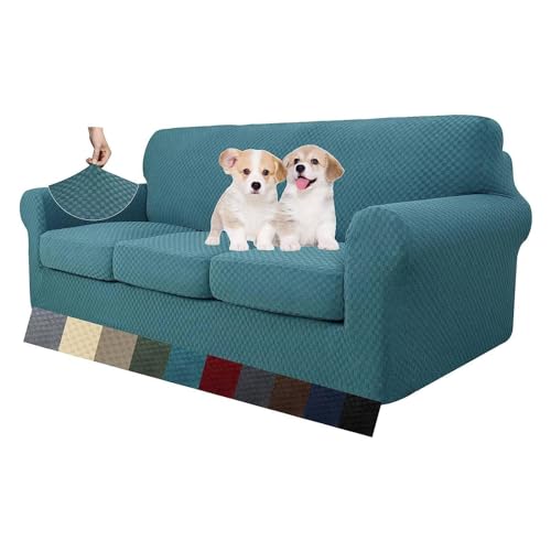 MAXIJIN Stretch Sofabezug 3 Sitzer Thick Couchbezug mit Separatem 3 Kissenbezügen Schonbezug Sofa für Wohnzimmer mit Elastische Bänder und Schaumstoffstäbe (3 Sitzer, Pfauenblau) von MAXIJIN