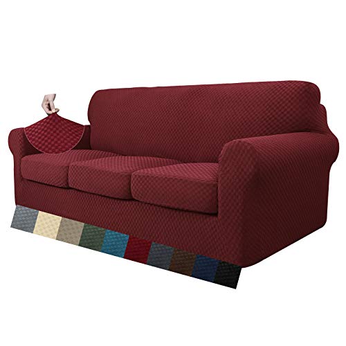 MAXIJIN Stretch Sofabezug 3 Sitzer Thick Couchbezug mit Separatem 3 Kissenbezügen Schonbezug Sofa für Wohnzimmer mit Elastische Bänder und Schaumstoffstäbe (3 Sitzer, Weinrot) von MAXIJIN