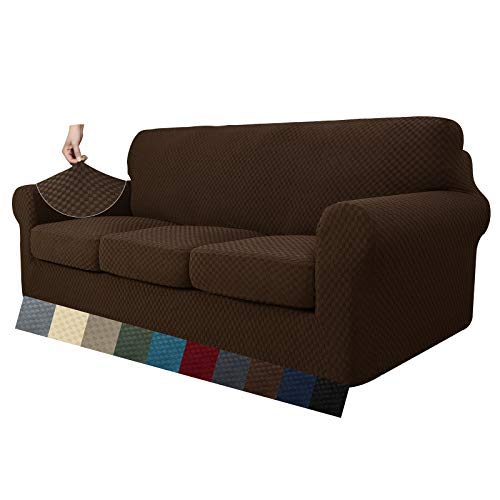 MAXIJIN Stretch Sofabezug Thick Couchbezug mit Separatem 3 Kissenbezügen Jacquard-Karo Schonbezug Sofa Wohnzimmer mit Elastische Bänder und Schaumstoffstäbe (4 Sitzer, Dunkler Kaffee) von MAXIJIN