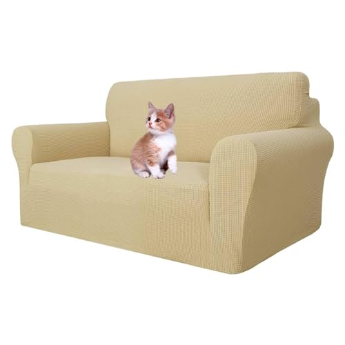 MAXIJIN Super Stretch Couch Bezug für 2-Sitzer Couch, 1-teilige Universal Love Sitzbezüge Jacquard Spandex Sofa Protector Hunde Haustierfreundliche Loveseat Schonbezug (2 Sitzer, Beige) von MAXIJIN