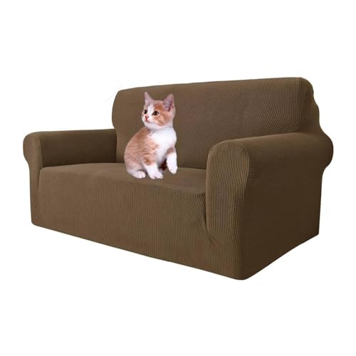 MAXIJIN Super Stretch Couch Bezug für 2-Sitzer Couch, 1-teilige Universal Love Sitzbezüge Jacquard Spandex Sofa Protector Hunde Haustierfreundliche Loveseat Schonbezug (2 Sitzer, Braun) von MAXIJIN