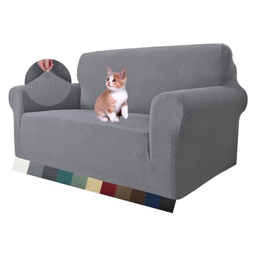 MAXIJIN Super Stretch Couch Bezug für 2-Sitzer Couch, 1-teilige Universal Love Sitzbezüge Jacquard Spandex Sofa Protector Hunde Haustierfreundliche Loveseat Schonbezug (2 Sitzer, Hellgrau) von MAXIJIN