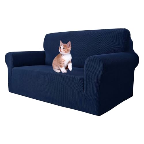 MAXIJIN Super Stretch Couch Bezug für 2-Sitzer Couch, 1-teilige Universal Love Sitzbezüge Jacquard Spandex Sofa Protector Hunde Haustierfreundliche Loveseat Schonbezug (2 Sitzer, Navy Blau) von MAXIJIN