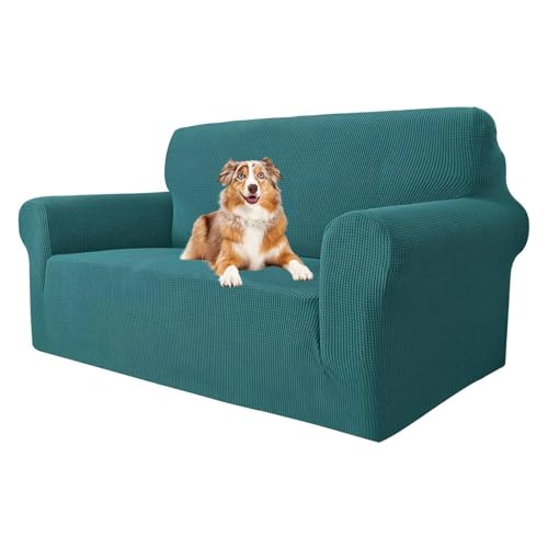 MAXIJIN Super Stretch Couch Bezug für 2-Sitzer Couch, 1-teilige Universal Love Sitzbezüge Jacquard Spandex Sofa Protector Hunde Haustierfreundliche Loveseat Schonbezug (2 Sitzer, Schwarzgrün) von MAXIJIN