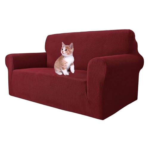 MAXIJIN Super Stretch Couch Bezug für 2-Sitzer Couch, 1-teilige Universal Love Sitzbezüge Jacquard Spandex Sofa Protector Hunde Haustierfreundliche Loveseat Schonbezug (2 Sitzer, Weinrot) von MAXIJIN